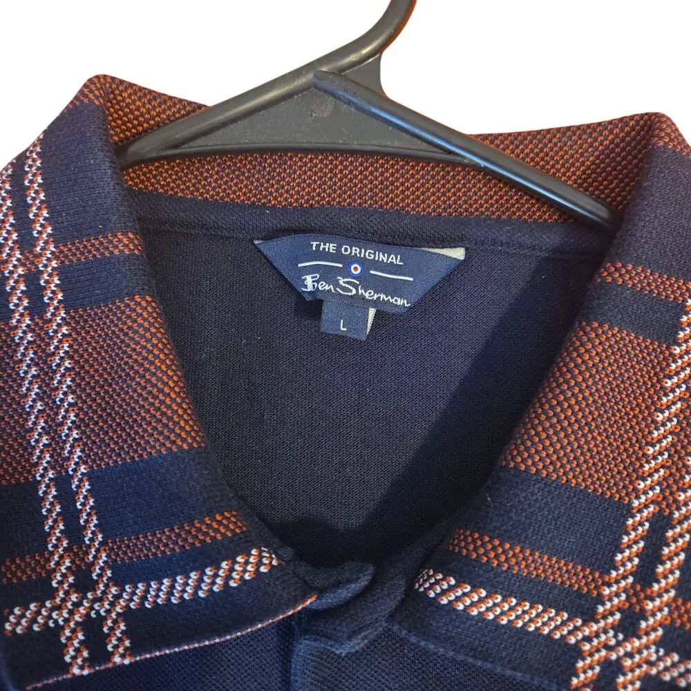 Ben Sherman Pique Polo Shirt Navy Blue with Tartan Plaid Design Collar sz L - Picture 3 of 11
